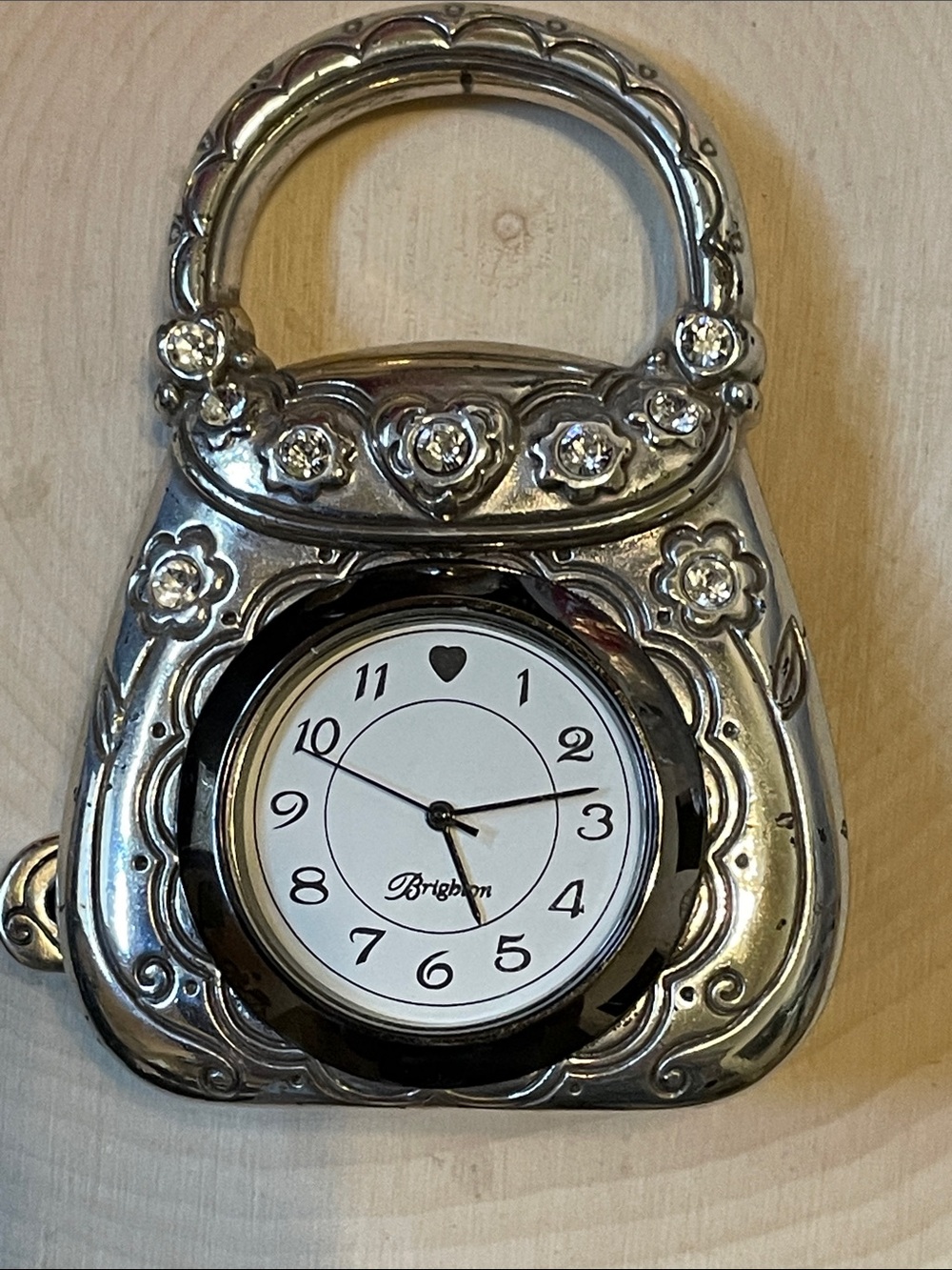 Brighton Desk Top Silver Floral Purse Clock with Crystal Accents